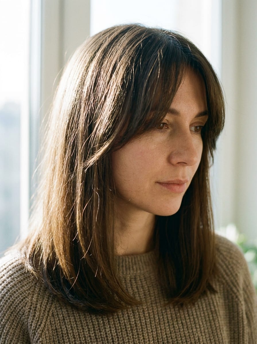 Stufenschnitt mit Curtain Bangs für glatte Haare - Mittellanger Stufenschnitt mit Curtain Bangs